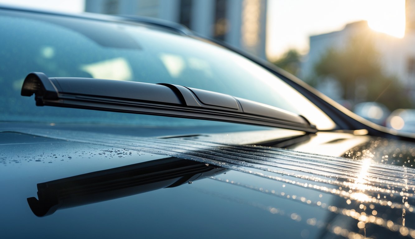 Gambar close-up wiper kaca mobil yang sedang membersihkan kaca mobil tanpa meninggalkan goresan.