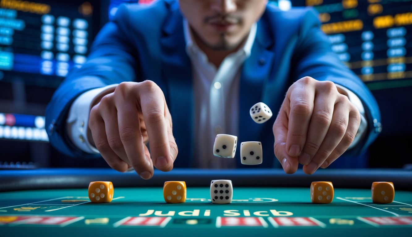 Tangan melempar tiga dadu di atas meja permainan dengan layar digital di latar belakang, menunjukkan suasana permainan Judi Sicbo online.