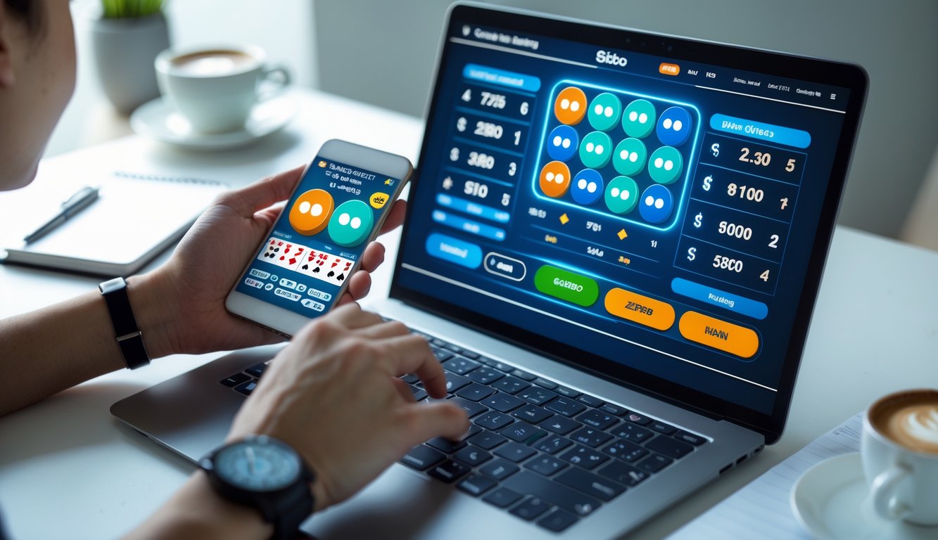 Seseorang bermain judi Sicbo online menggunakan laptop dan smartphone di meja kerja dengan suasana fokus dan serius.