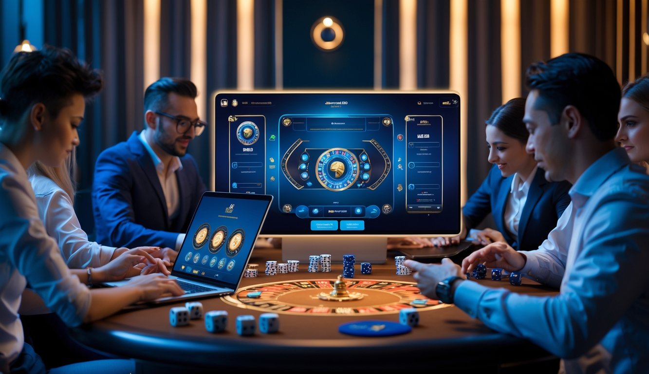 Beberapa orang sedang bermain permainan Sicbo online menggunakan perangkat digital di sebuah ruangan dengan pencahayaan hangat.