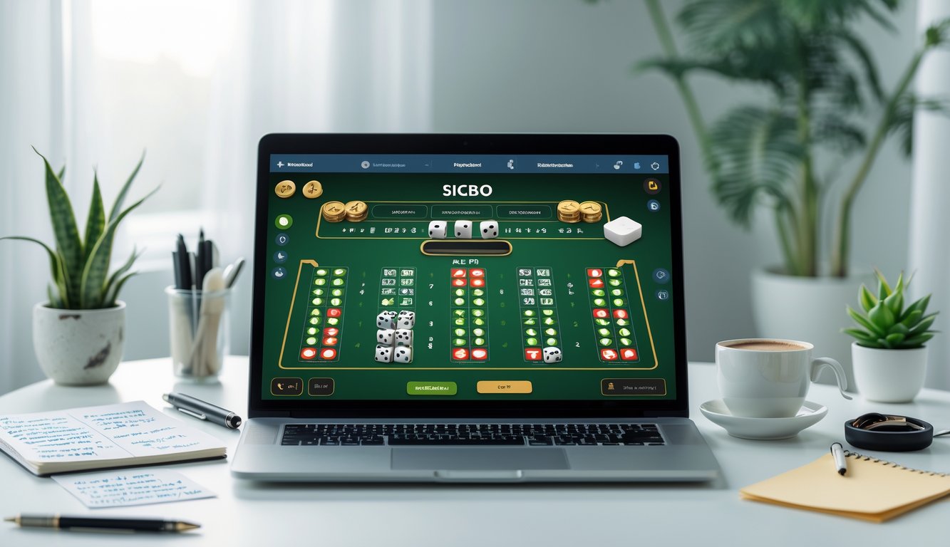 Seorang pemain sedang menggunakan laptop dengan permainan Sicbo online di layar, di meja terdapat catatan dan pena, suasana ruangan terlihat tenang dan teratur.