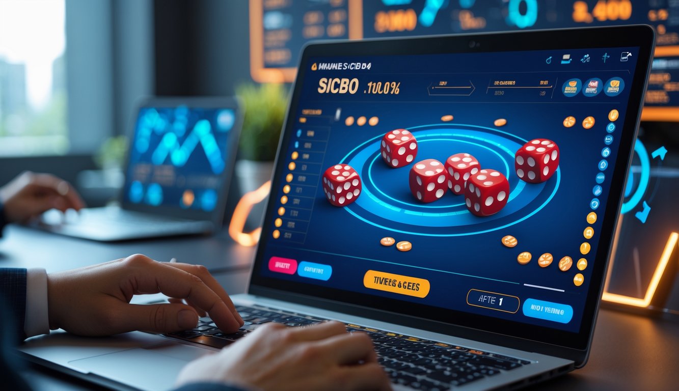 Seseorang menggunakan laptop yang menampilkan permainan Sicbo online dengan dadu yang sedang bergulir dan grafik statistik waktu nyata di layar.