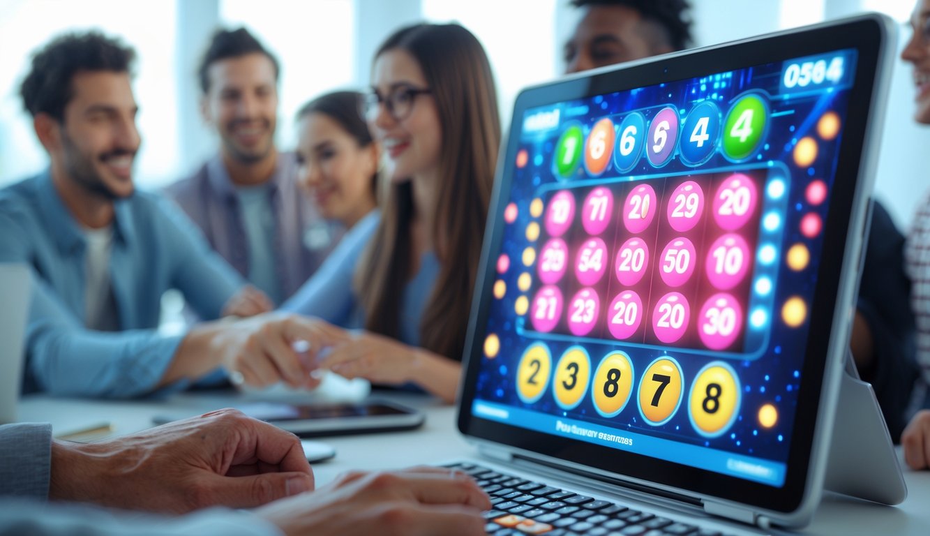 Orang-orang muda sedang bermain permainan angka digital di perangkat elektronik dengan ekspresi antusias dan tegang.