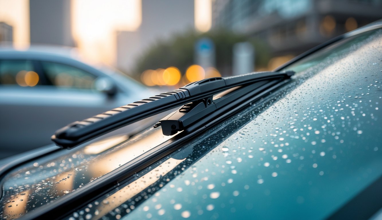 Gambar close-up wiper mobil yang tahan lama sedang membersihkan kaca depan mobil di cuaca hujan.