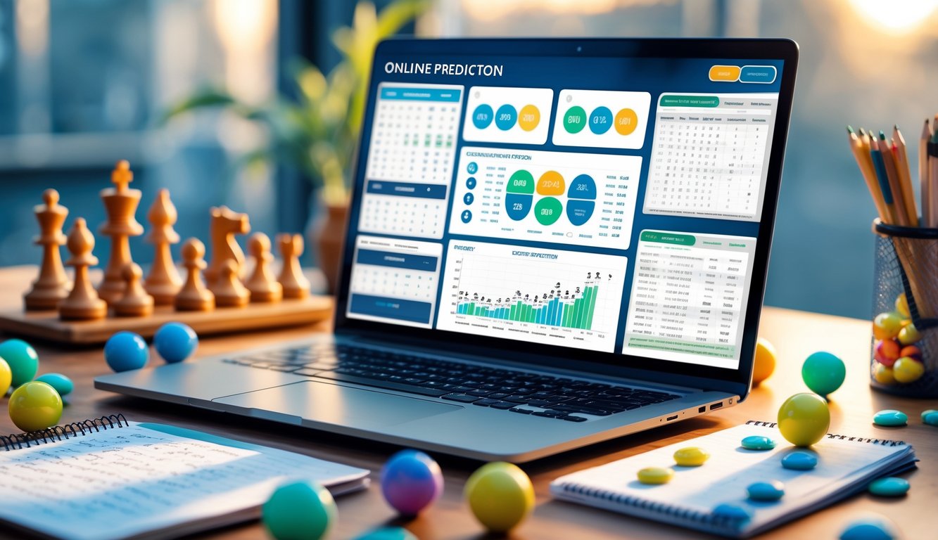 Meja kerja dengan laptop yang menampilkan grafik dan angka, papan catur dengan beberapa bidak, bola lotere berwarna-warni di atas meja, dan buku catatan dengan tulisan tangan.