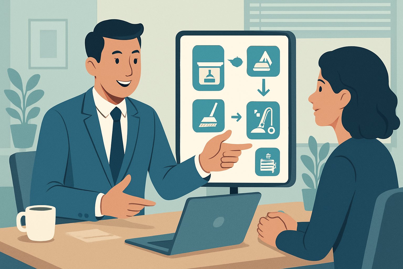 A business owner discussing cleaning service options with a client in an office, showing different service packages and additional cleaning options.