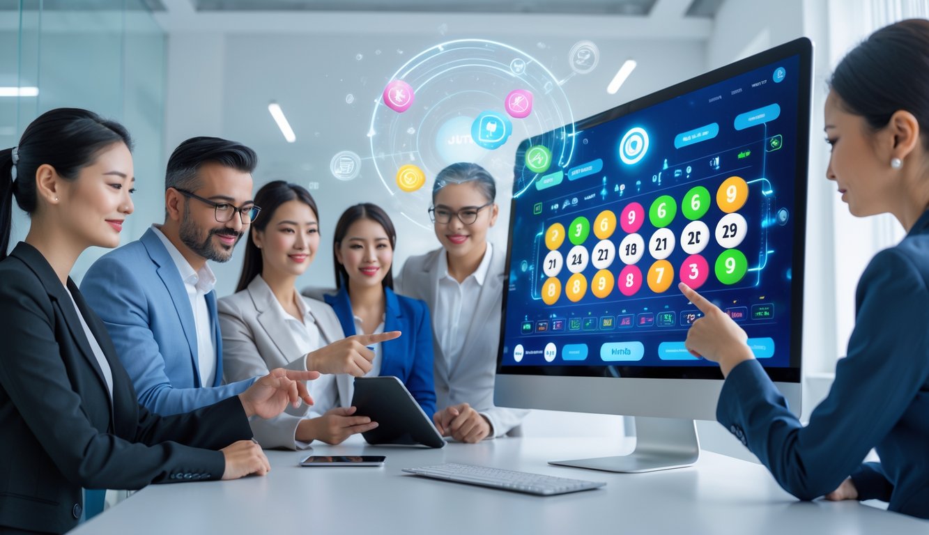 Orang-orang bekerja di ruang kantor modern dengan komputer dan perangkat digital yang menampilkan antarmuka permainan togel online.