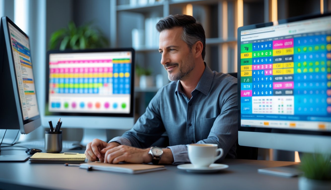 Seorang pria dewasa duduk di meja dengan beberapa layar komputer yang menampilkan angka togel dan grafik, sedang fokus menganalisis data.