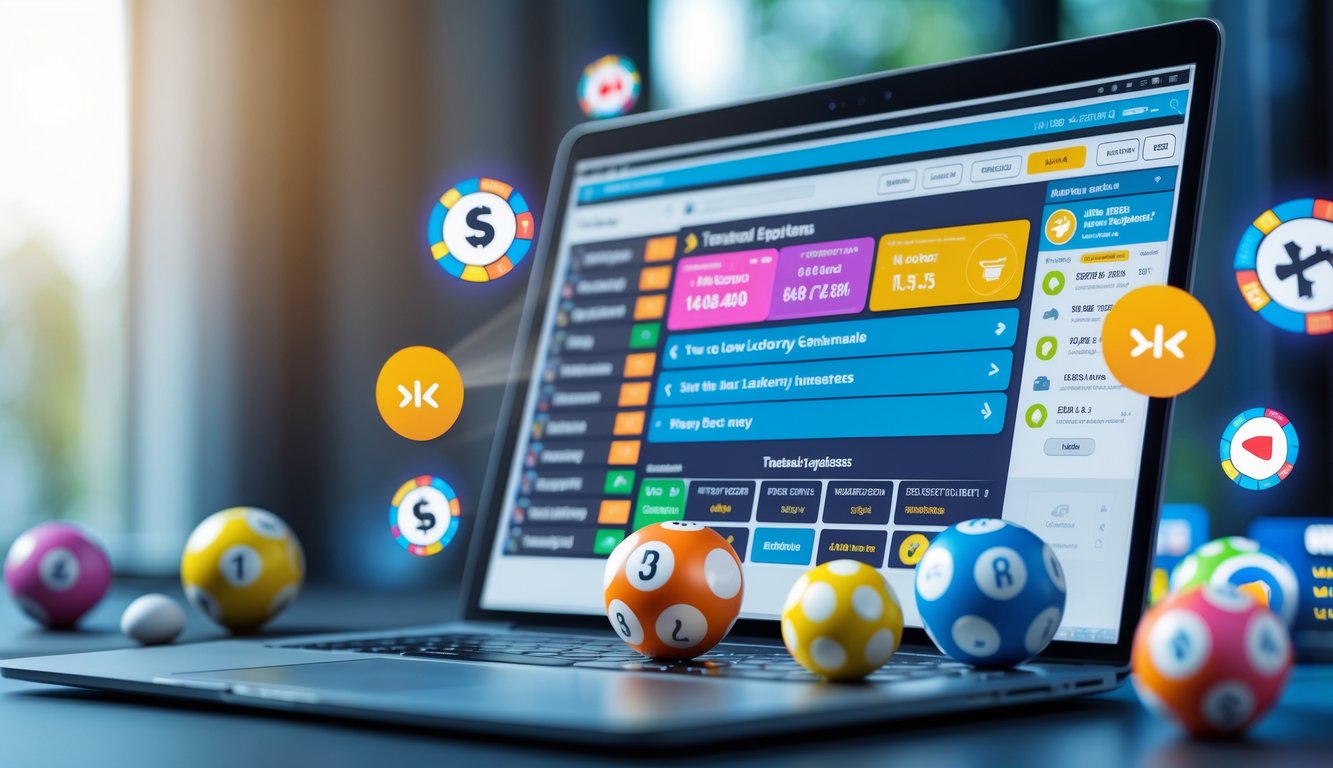 Sebuah laptop di meja kerja menampilkan antarmuka pasar togel online dengan bola togel dan ikon keamanan di sekitarnya.
