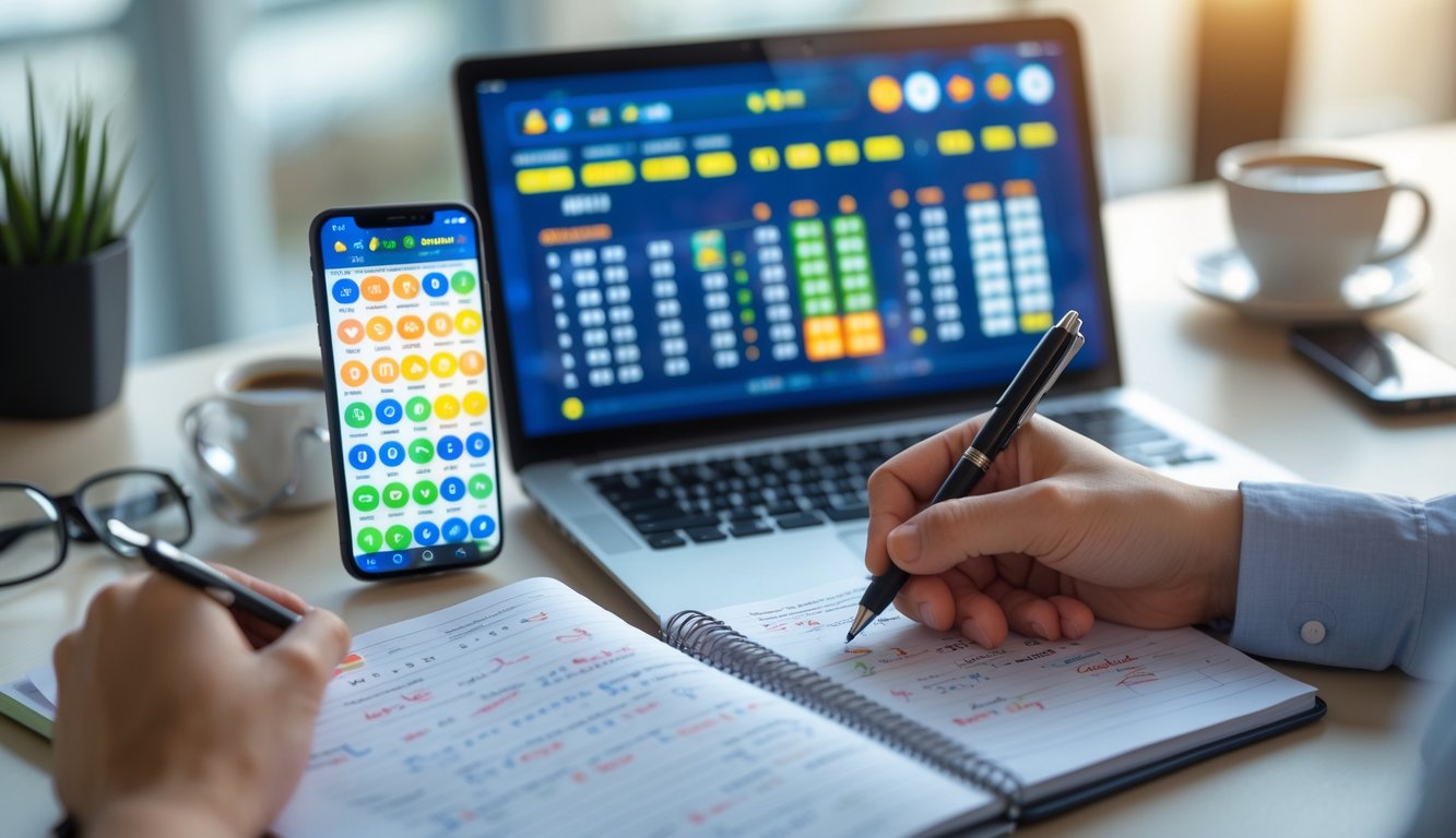 Seorang individu sedang menggunakan laptop dan mencatat angka di buku catatan, dengan layar smartphone menampilkan aplikasi togel online, di meja kerja yang rapi.