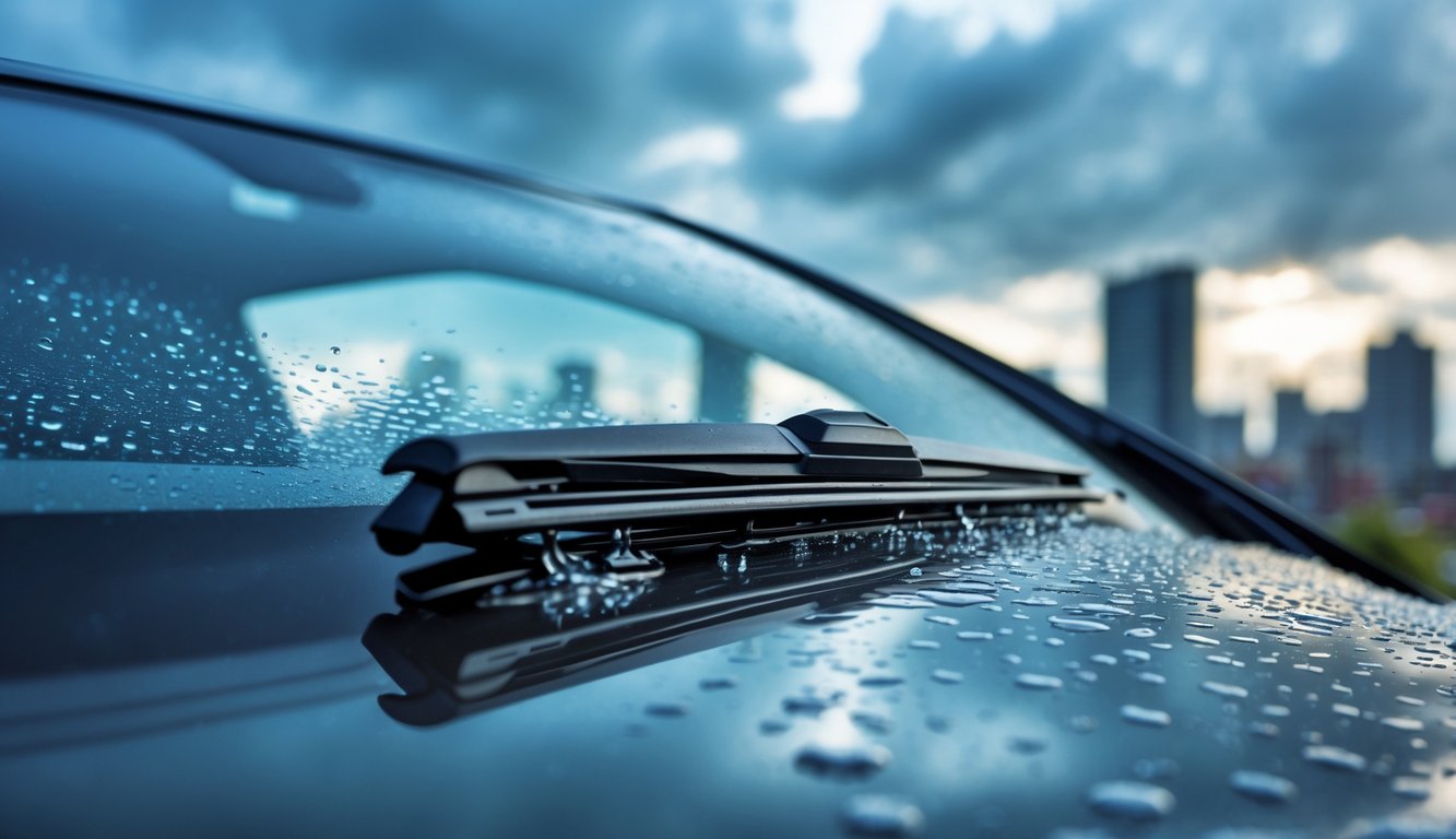 Gambar wiper mobil yang sedang membersihkan kaca depan mobil saat hujan dengan latar belakang kota yang kabur.