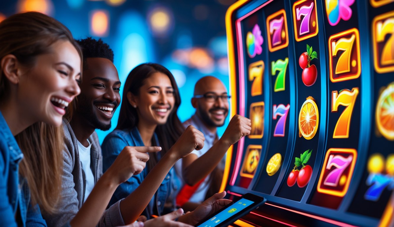Beberapa orang bermain game slot digital dengan ekspresi senang dan layar mesin slot yang berwarna-warni di latar depan.