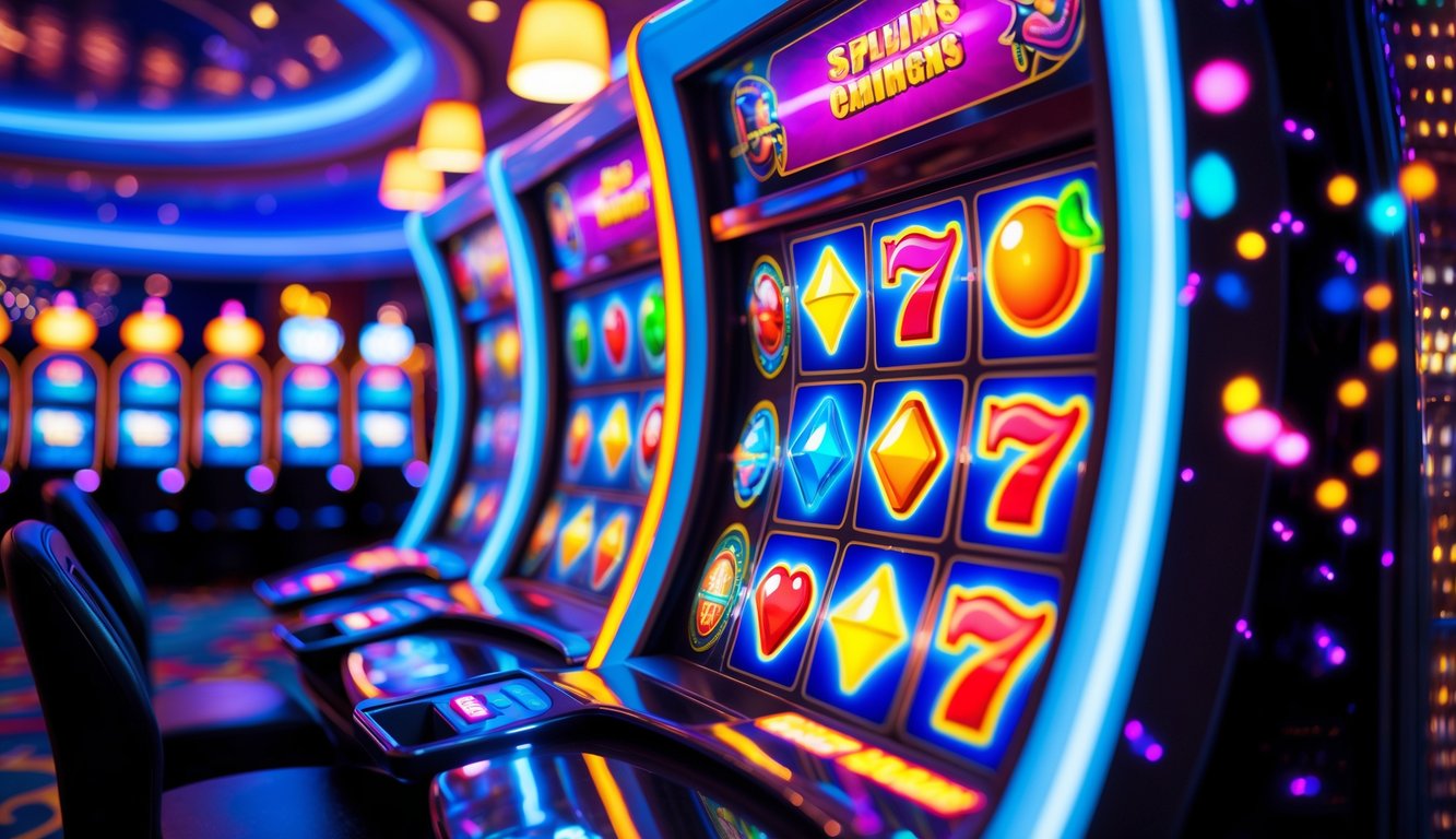 Mesin slot modern yang berwarna-warni dengan lampu neon dan efek cahaya yang memukau di dalam ruangan kasino.