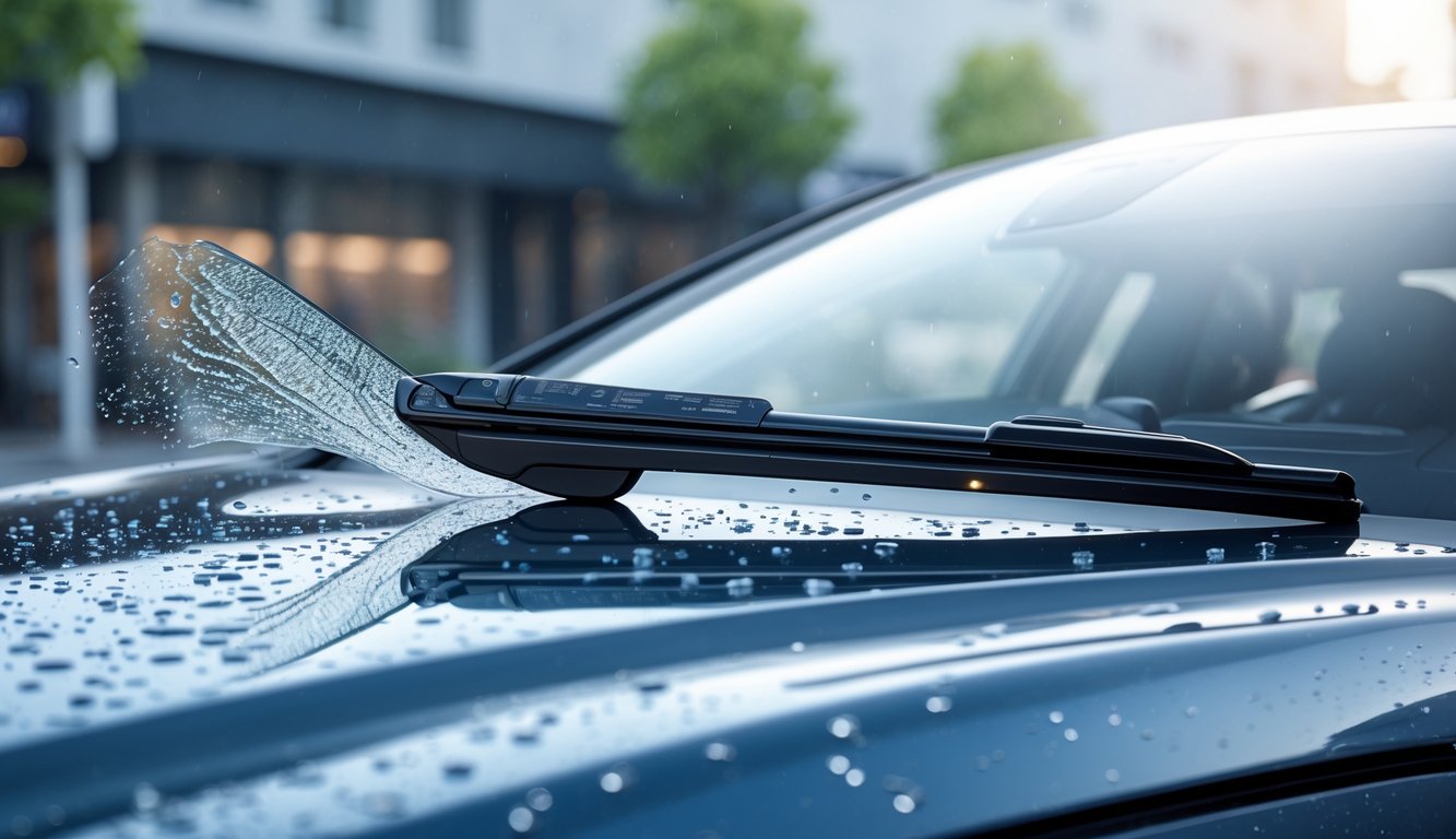 Wiper mobil modern sedang membersihkan kaca depan mobil saat hujan di jalan kota.