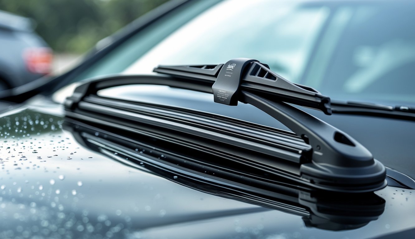 Pemandangan close-up wiper mobil universal terbaru terpasang pada kaca depan mobil.