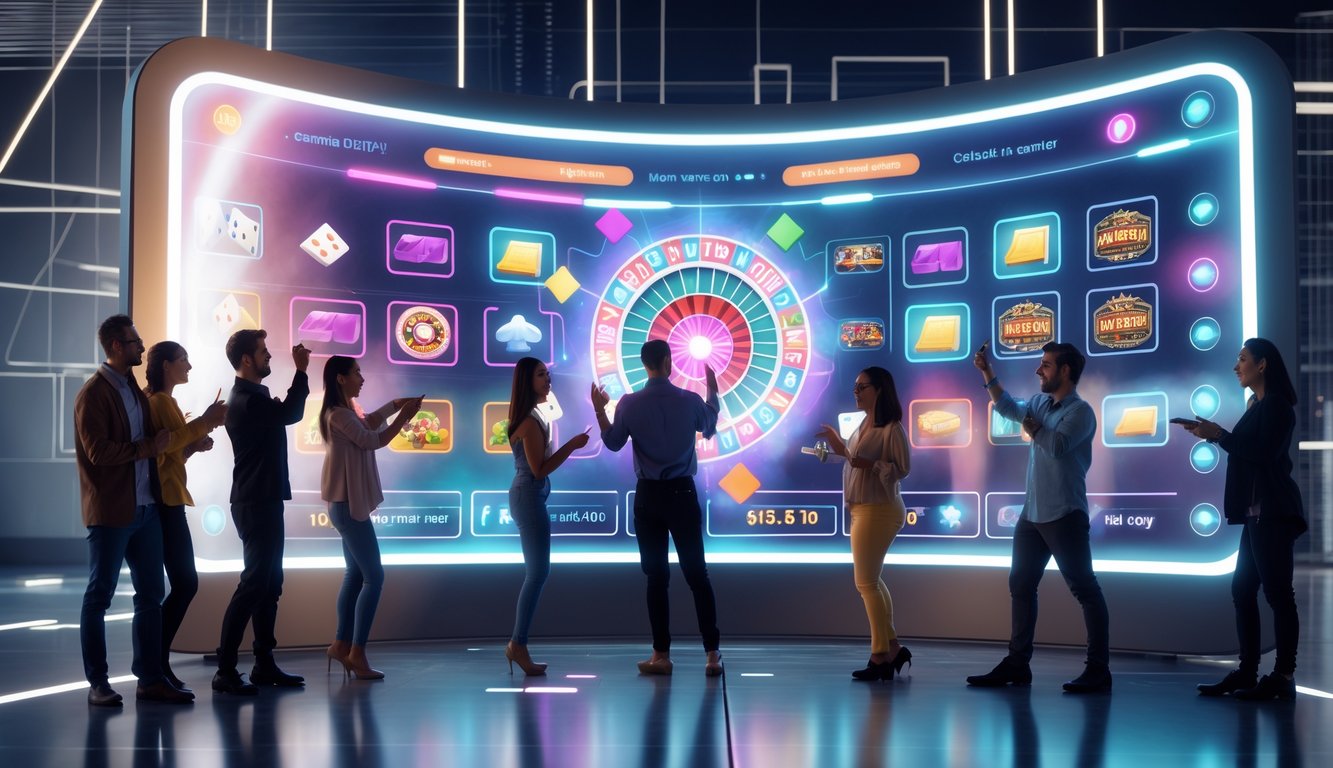 Orang-orang yang sedang menggunakan platform judi online modern dengan berbagai jenis permainan di layar digital.