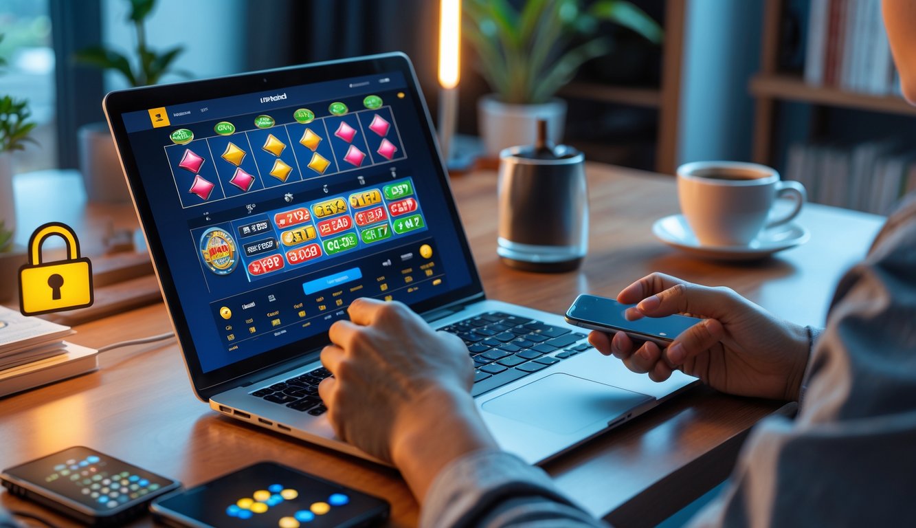 Seseorang sedang menggunakan laptop dan ponsel di meja kerja di rumah dengan suasana nyaman dan aman.