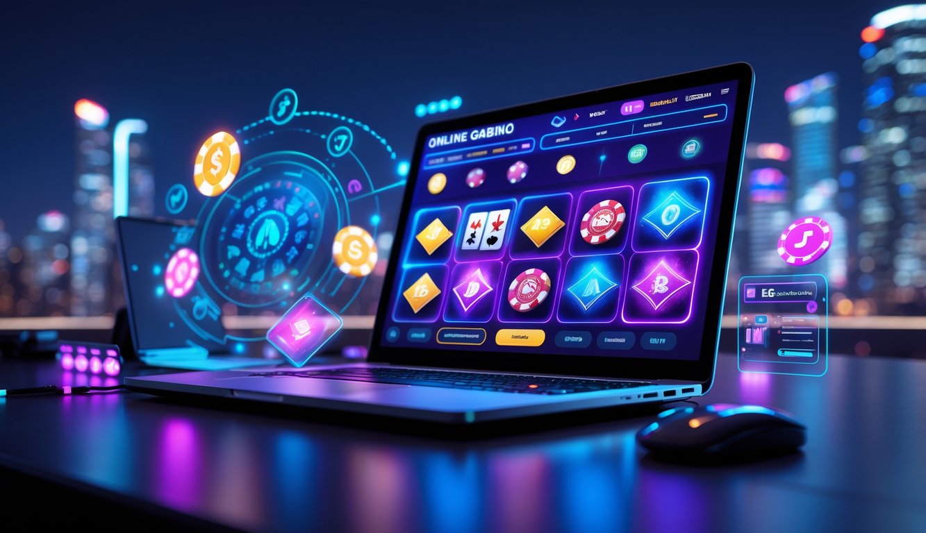 Seorang pria menggunakan laptop dengan tampilan permainan judi online di layar, dikelilingi oleh elemen digital dan latar belakang kota malam yang terang.