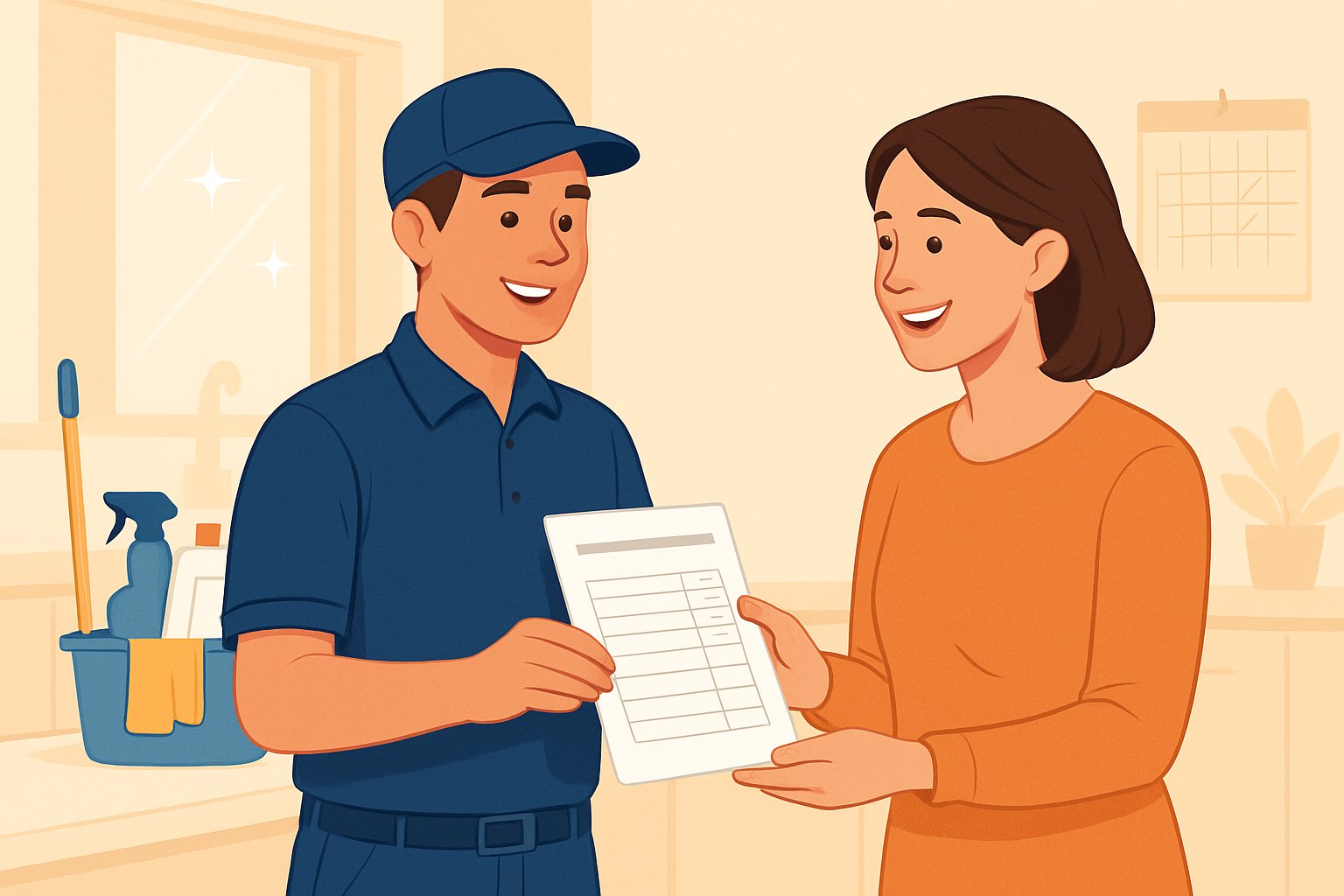 A cleaning professional handing a checklist to a happy client in a clean, bright home setting.