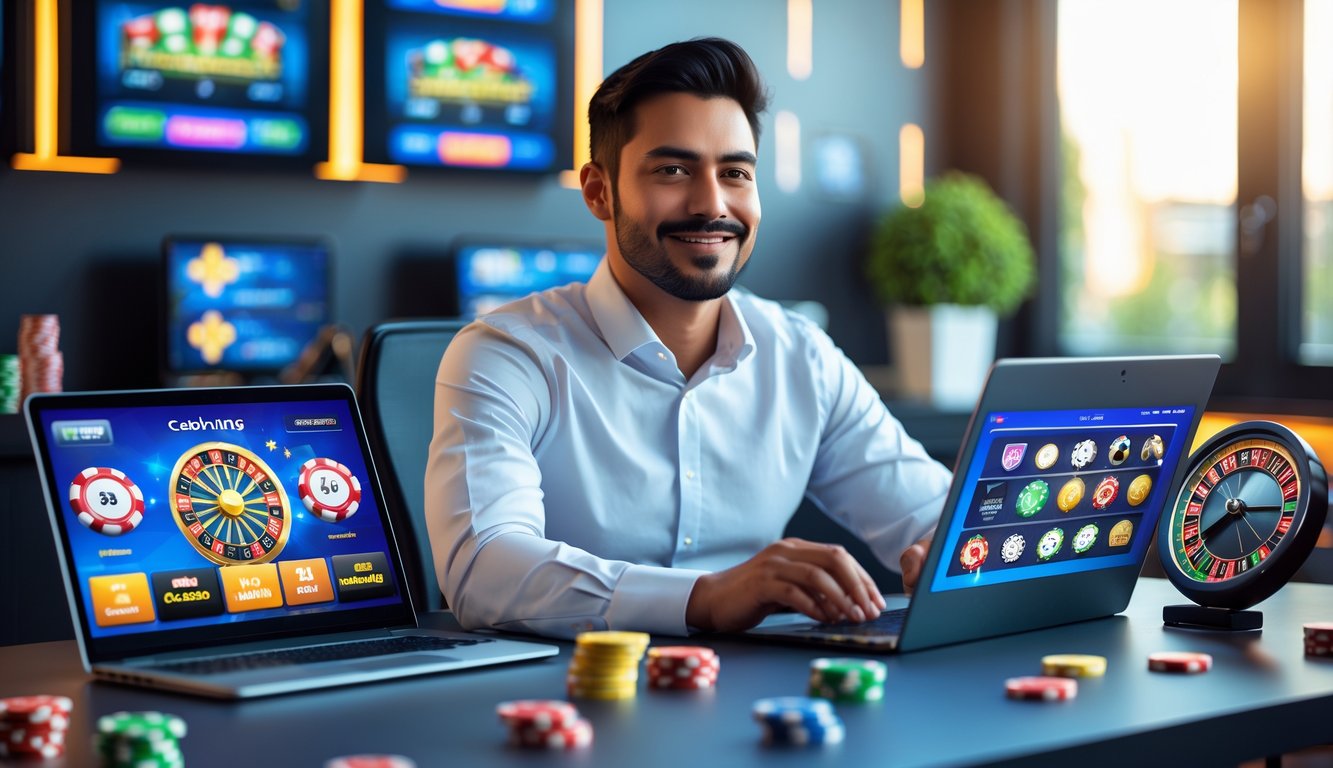 Seorang pria duduk di meja kerja dengan laptop dan ponsel yang menampilkan permainan kasino online, dikelilingi oleh chip poker dan kartu remi.