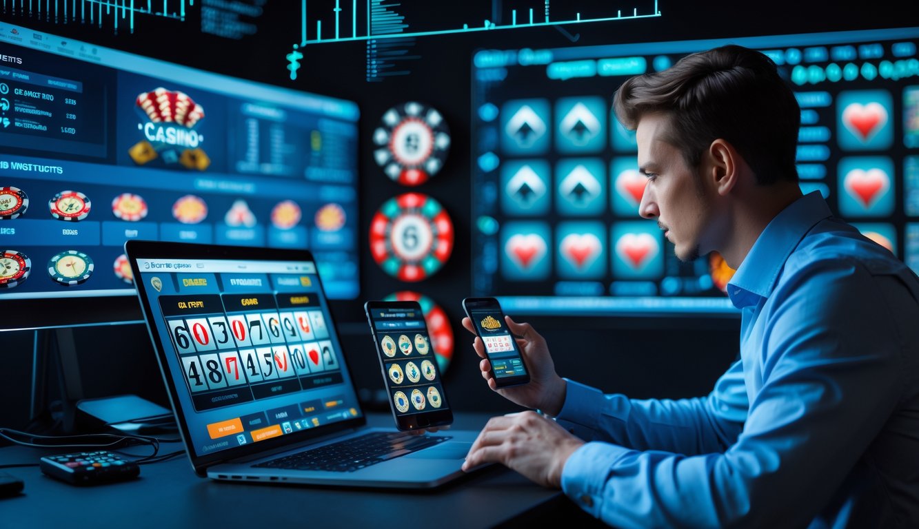 Seorang pemain fokus menggunakan laptop dan ponsel di meja dengan beberapa layar menampilkan permainan kasino online dan grafik data di latar belakang.