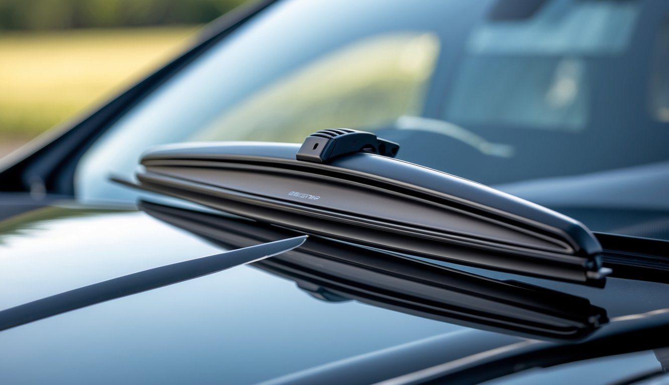 Gambar close-up wiper mobil modern berdesain aerodinamis pada kaca depan mobil yang bersih.