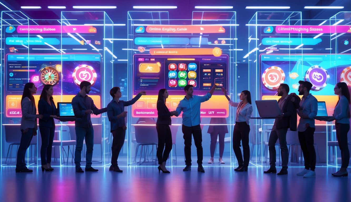 Sekelompok orang muda sedang berinteraksi di ruang kantor modern dengan layar digital menampilkan permainan judi online dan grafik komunitas.