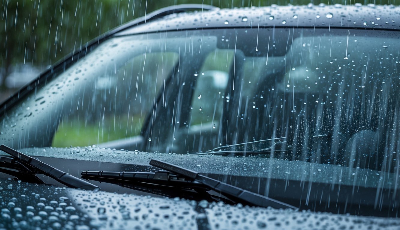 Kaca depan mobil dengan wiper yang sedang menyapu air hujan deras.