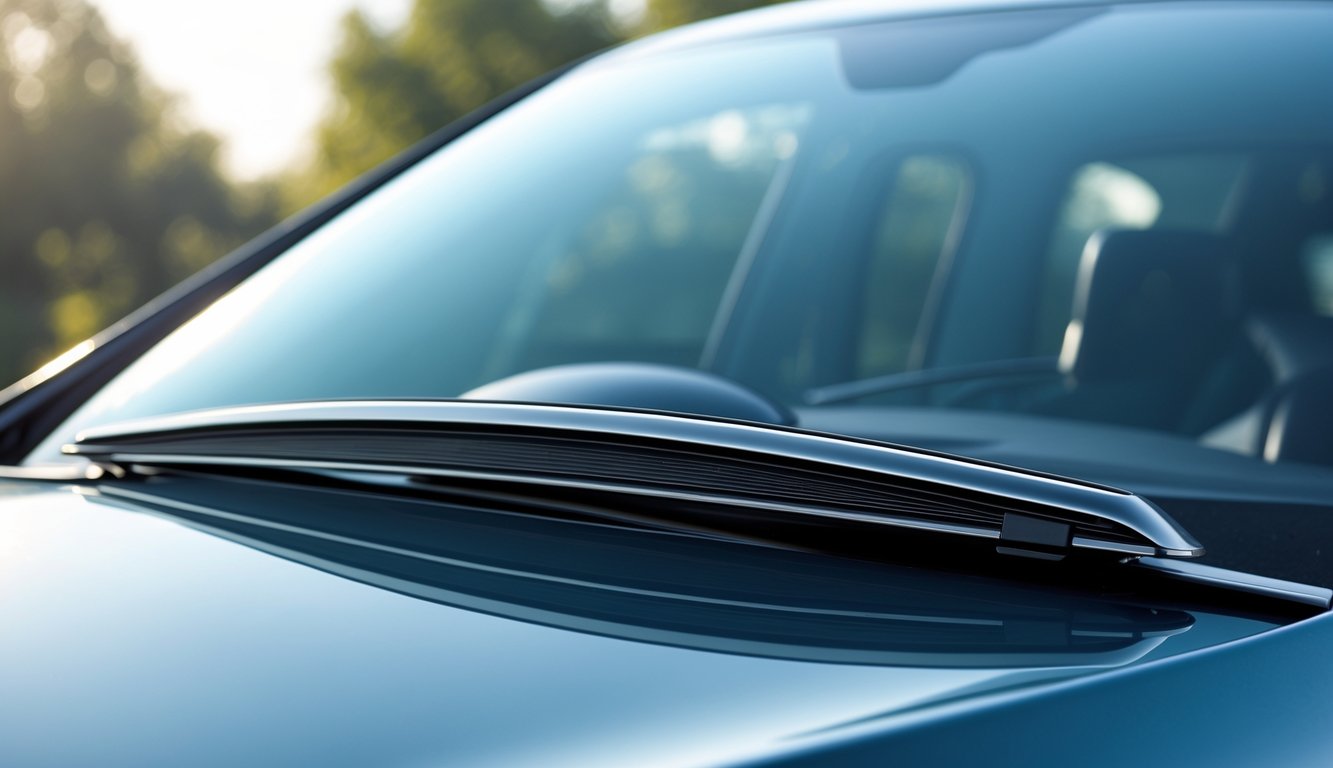 Foto close-up wiper mobil dengan desain aerodinamis yang modern pada kaca depan mobil yang bersih.