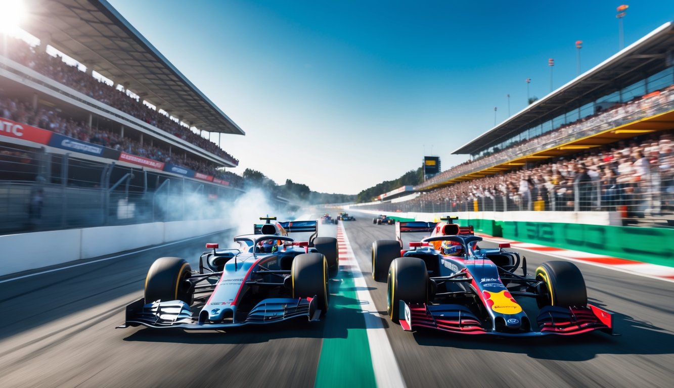 Balapan mobil Formula 1 yang cepat di sirkuit dengan penonton di tribun dan mobil berwarna cerah melaju kencang.