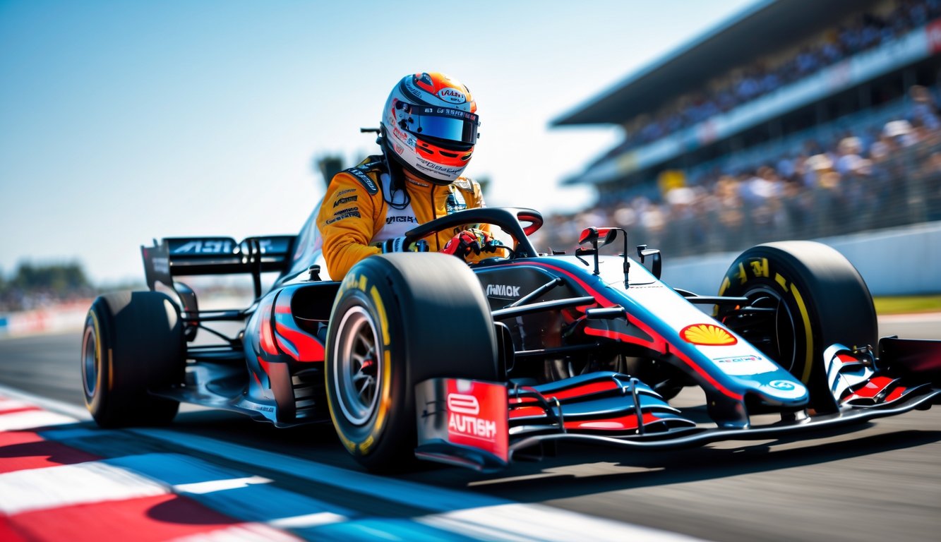 Seorang pembalap Formula 1 sedang mengendarai mobil balap di lintasan dengan latar belakang tribun penonton.