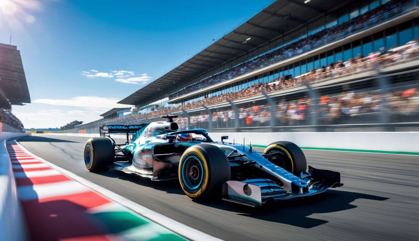 Mobil Formula 1 melaju cepat di lintasan balap dengan penonton di tribun.