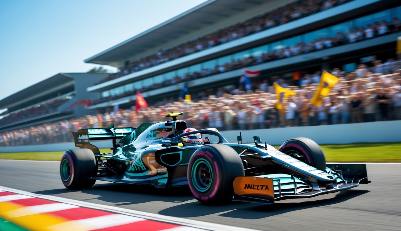 Mobil Formula 1 melaju kencang di lintasan dengan penonton ramai di tribun latar belakang.