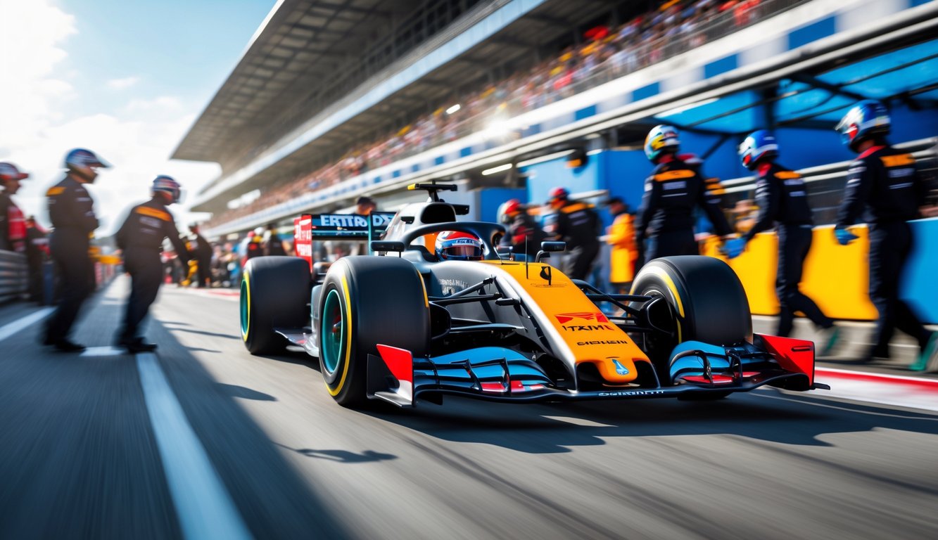 Mobil Formula 1 modern yang sedang melaju di lintasan balap dengan kru pit yang sibuk di latar belakang dan penonton di tribun.