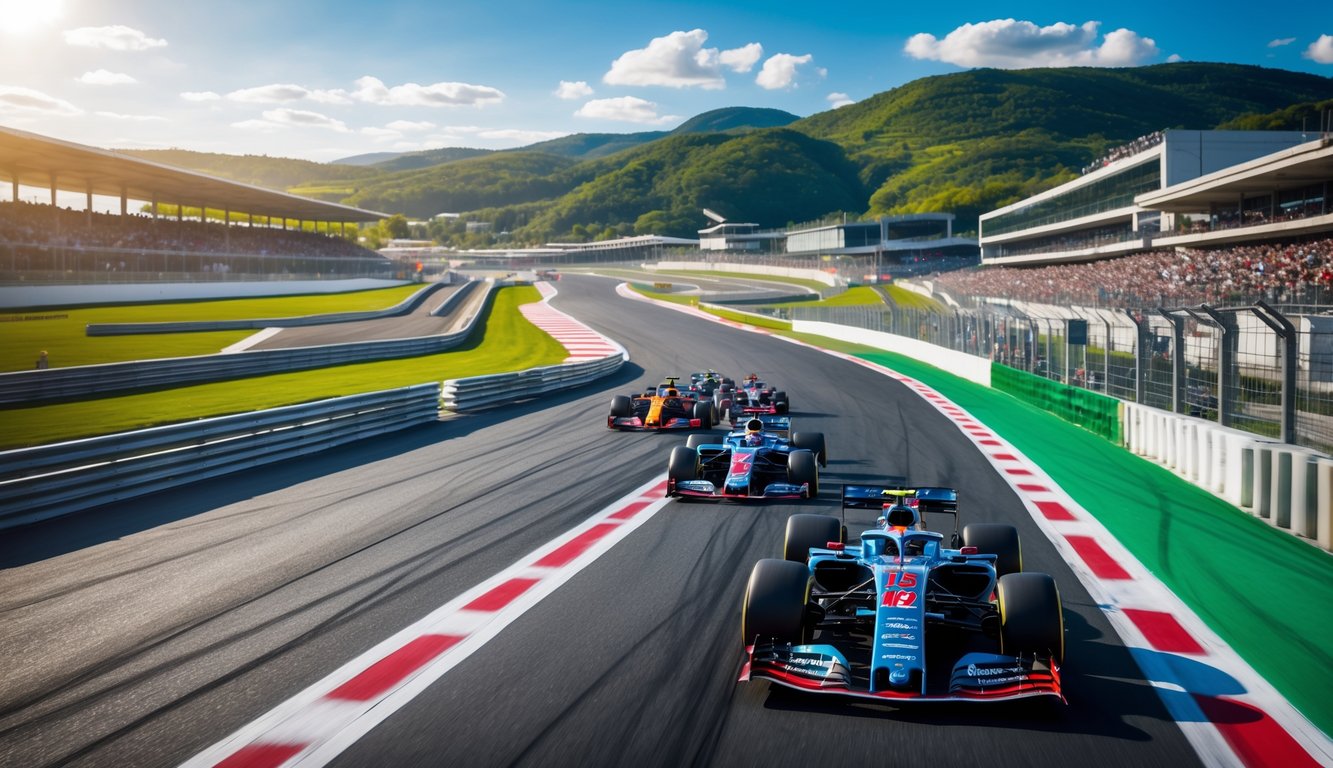 Pemandangan sirkuit Formula 1 modern dengan mobil balap melaju cepat di lintasan, tribun penonton, dan latar belakang perbukitan hijau.