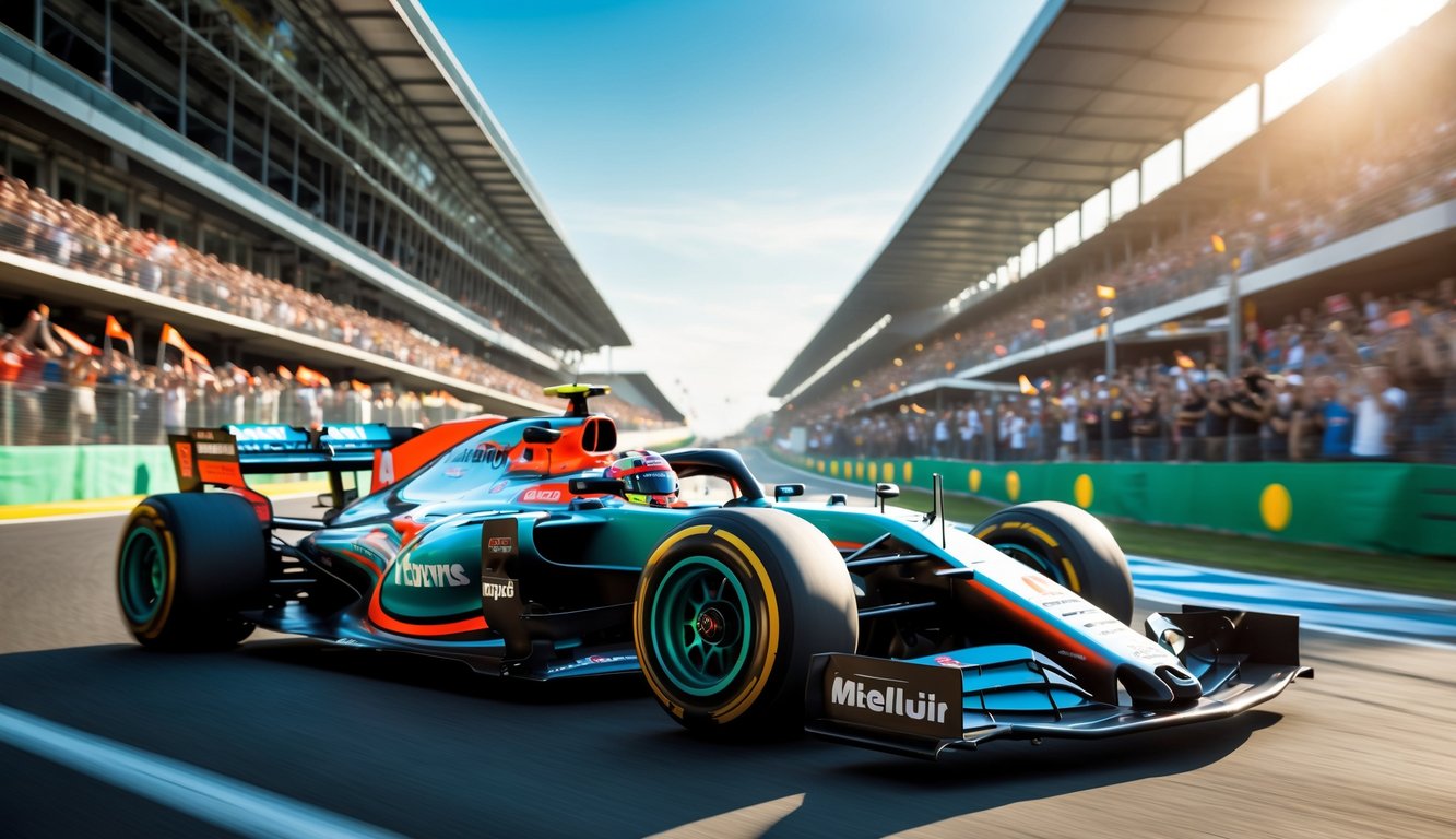 Mobil balap Formula 1 melaju cepat di lintasan dengan penonton yang bersorak di tribun belakang.