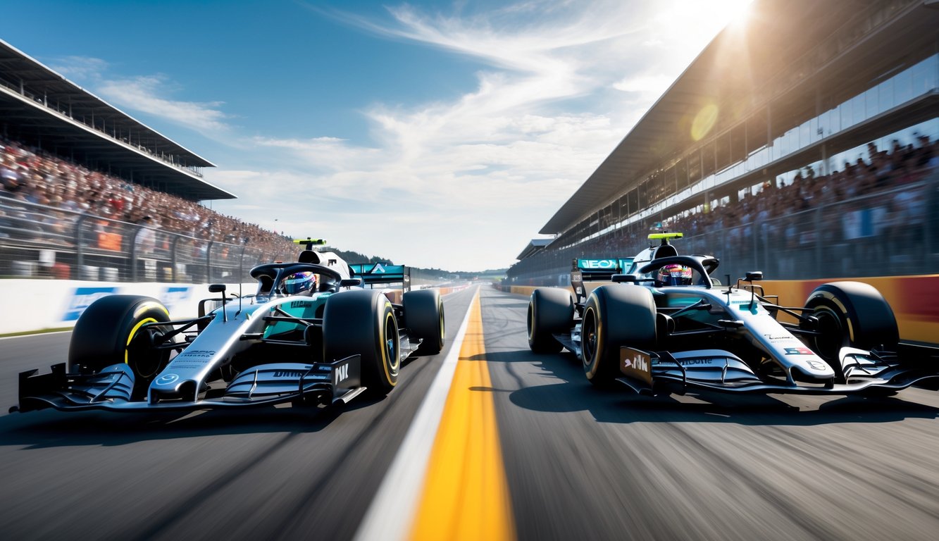 Dua mobil Formula 1 balapan ketat di lintasan dengan penonton dan langit cerah di latar belakang.