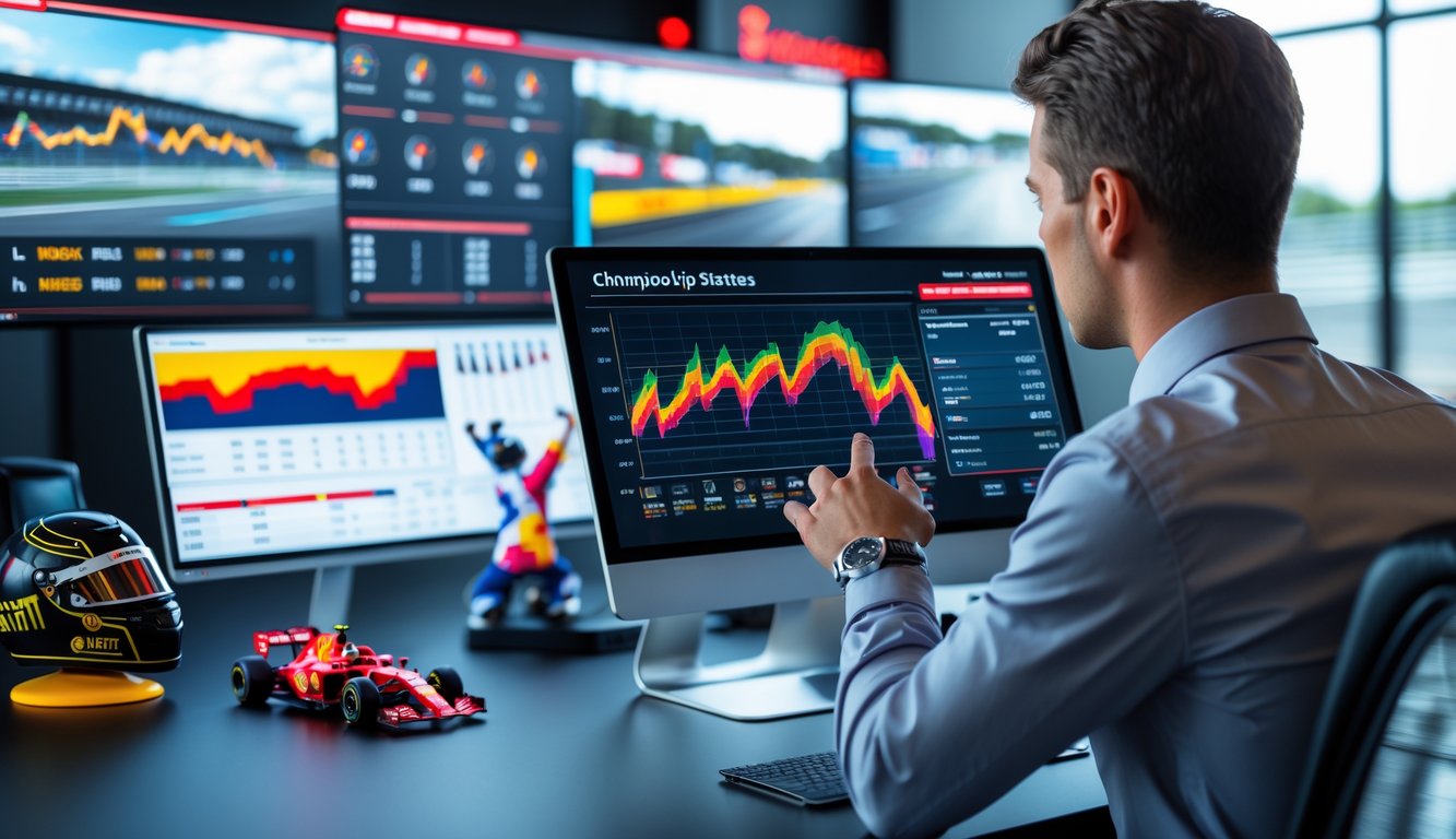Seseorang bekerja dengan layar digital yang menampilkan grafik dan data tentang balapan Formula 1.