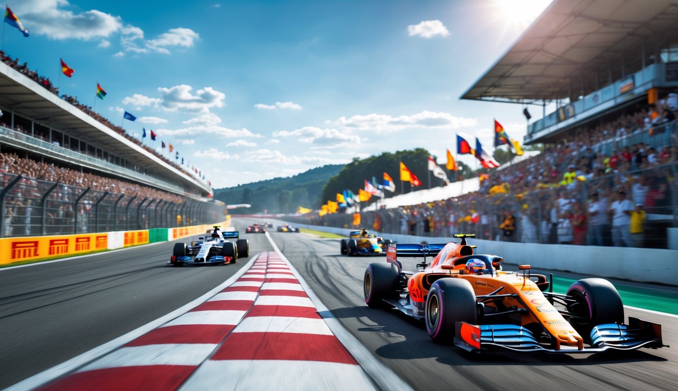 Mobil Formula 1 melaju cepat di lintasan balap dengan penonton ramai di tribun dan langit cerah di latar belakang.