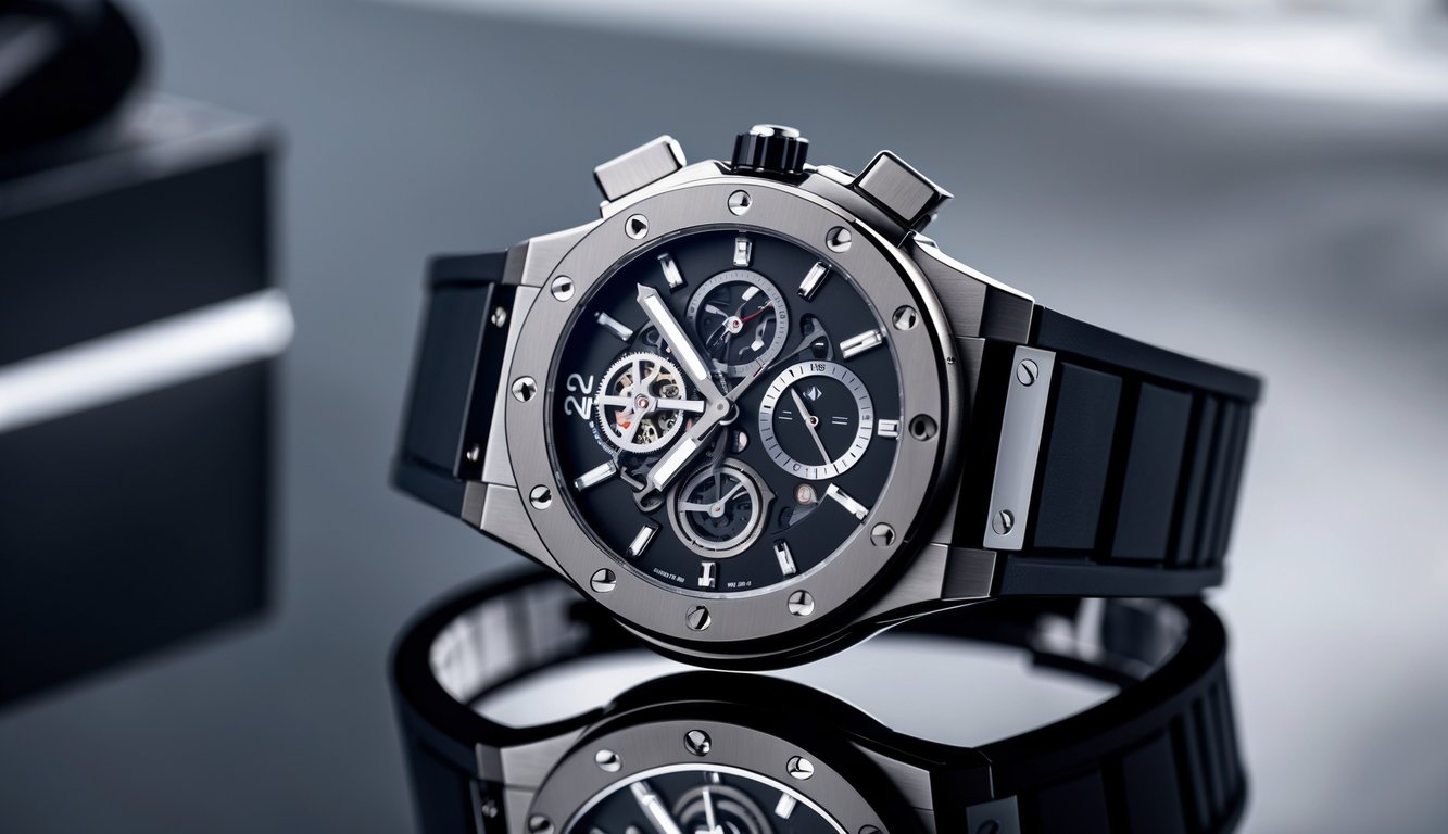 Jam tangan Hublot terbaru tahun 2025 diletakkan di atas permukaan hitam mengkilap dengan latar belakang minimalis.