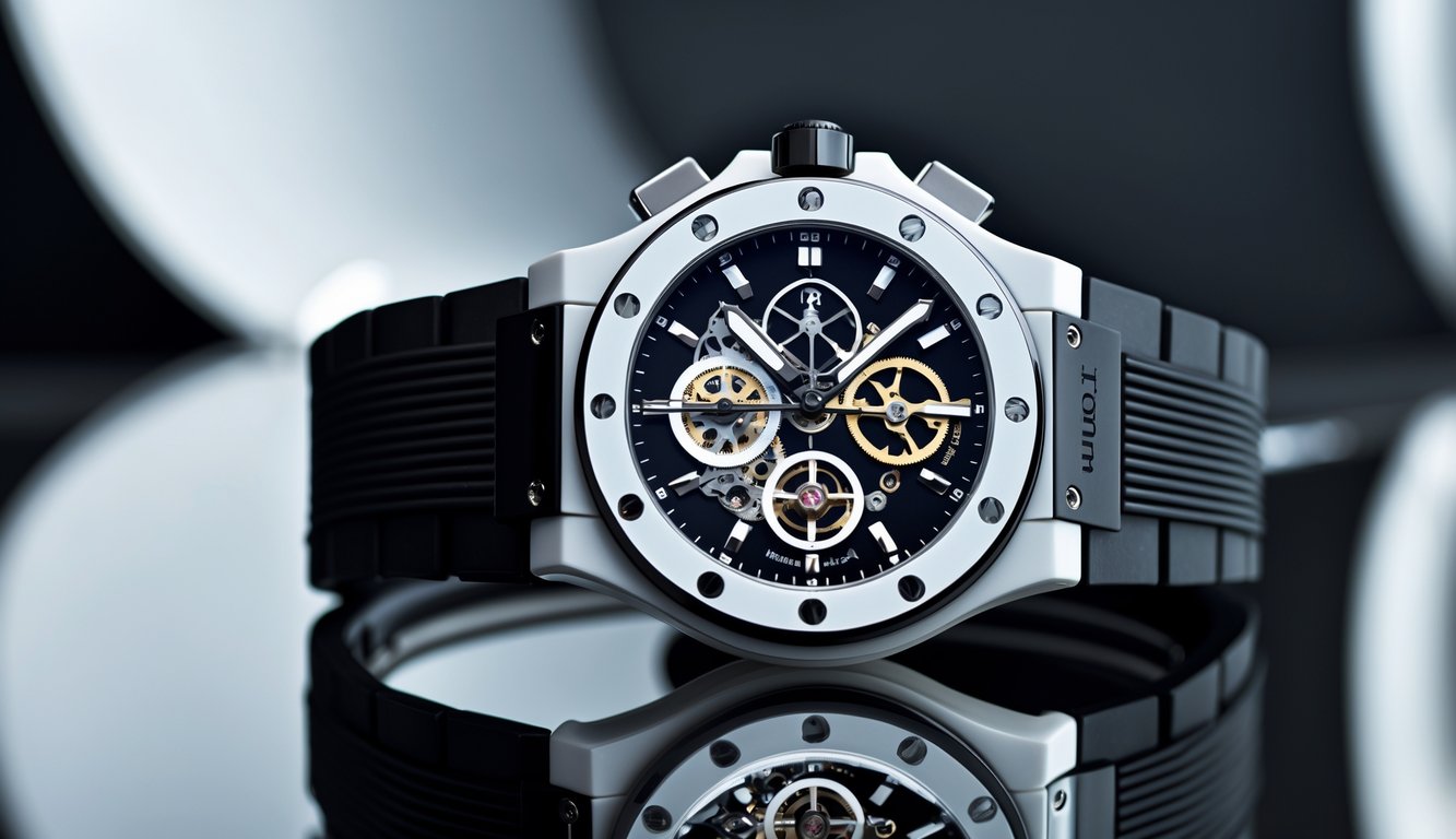 Foto jam tangan Hublot Spirit of Big Bang dengan warna keramik baru, menampilkan detail mekanisme dan tali hitam.