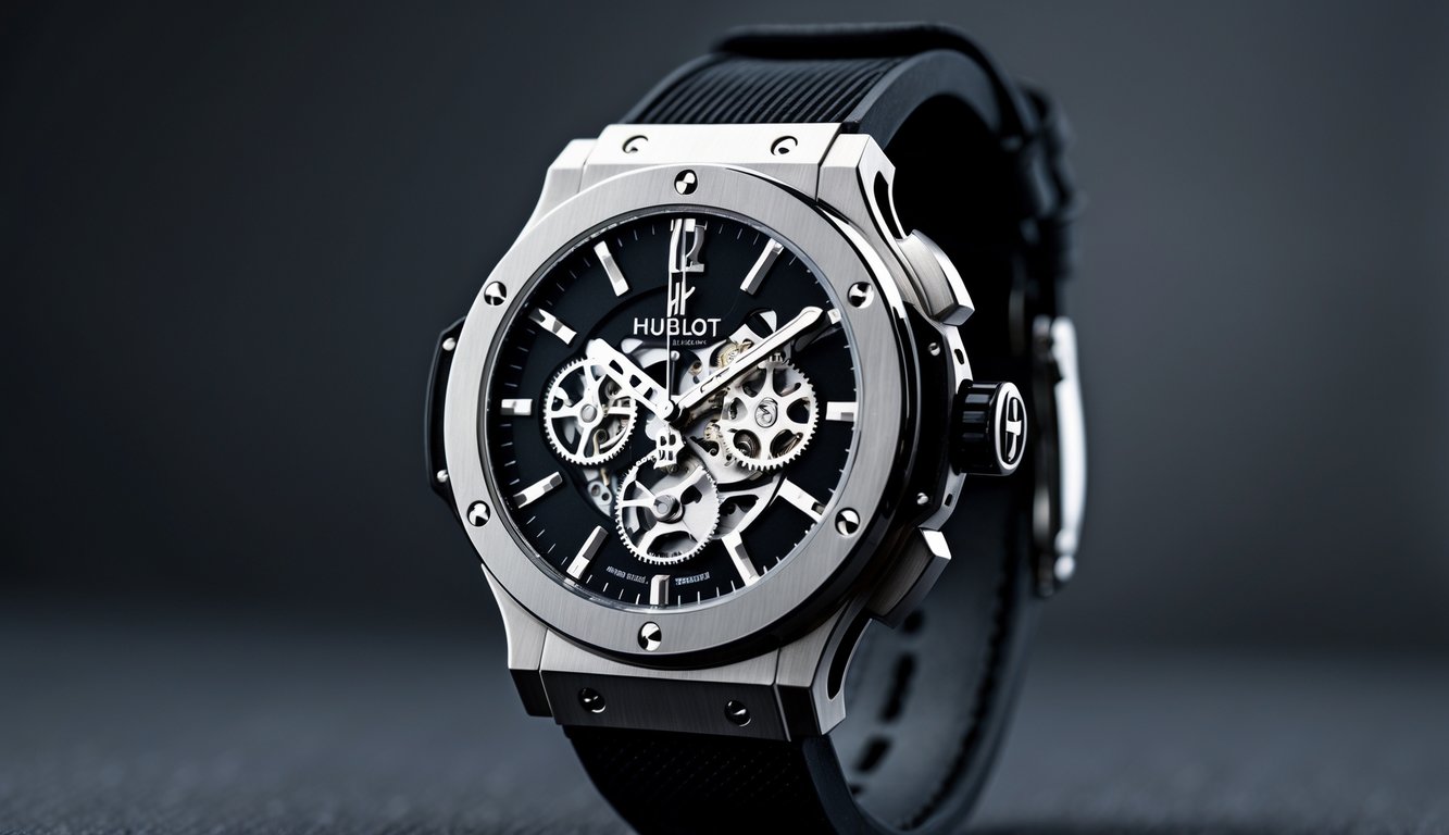 Foto jam tangan Hublot MECA-10 42mm dengan dial mekanik dan tali hitam di latar belakang gelap.