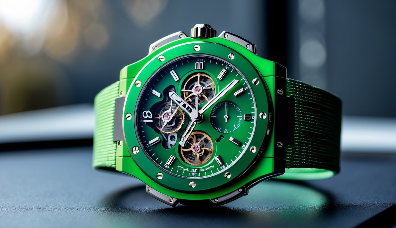 Foto jam tangan mewah dengan mekanisme tourbillon terlihat dan warna hijau pada bagian casing.