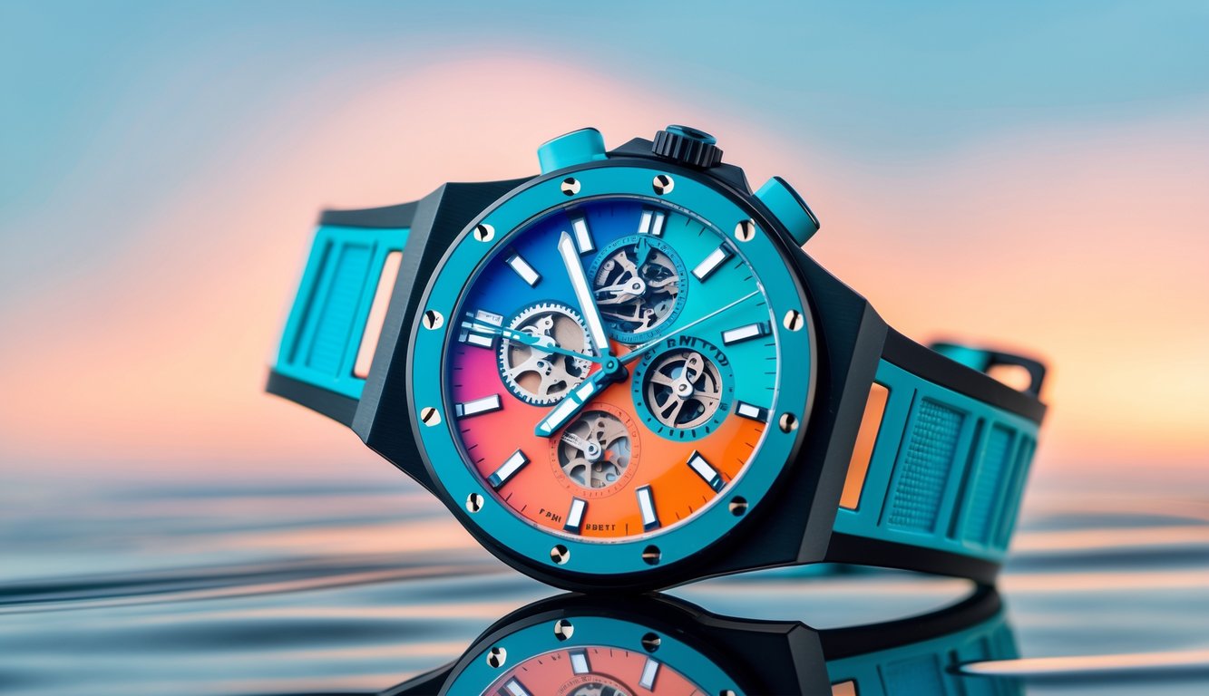 Jam tangan mewah dengan desain modern dan warna cerah bertema musim panas, diletakkan di atas permukaan hitam reflektif dengan latar belakang warna pastel.