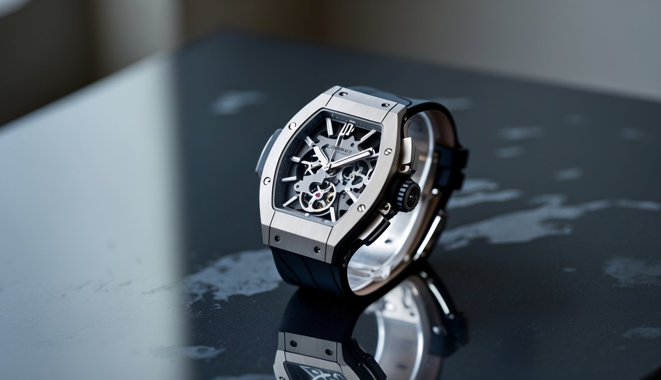 Foto jam tangan Hublot MP-17 Arsham Splash dengan casing titanium dan kristal safir di atas permukaan gelap yang memantulkan bayangan jam tangan.