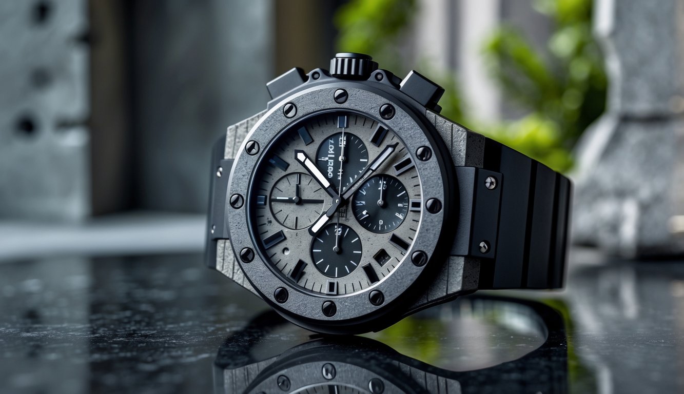 Jam tangan Hublot Big Bang Concrete Jungle dengan desain modern diletakkan di permukaan gelap dengan latar belakang tekstur beton dan sedikit tanaman.