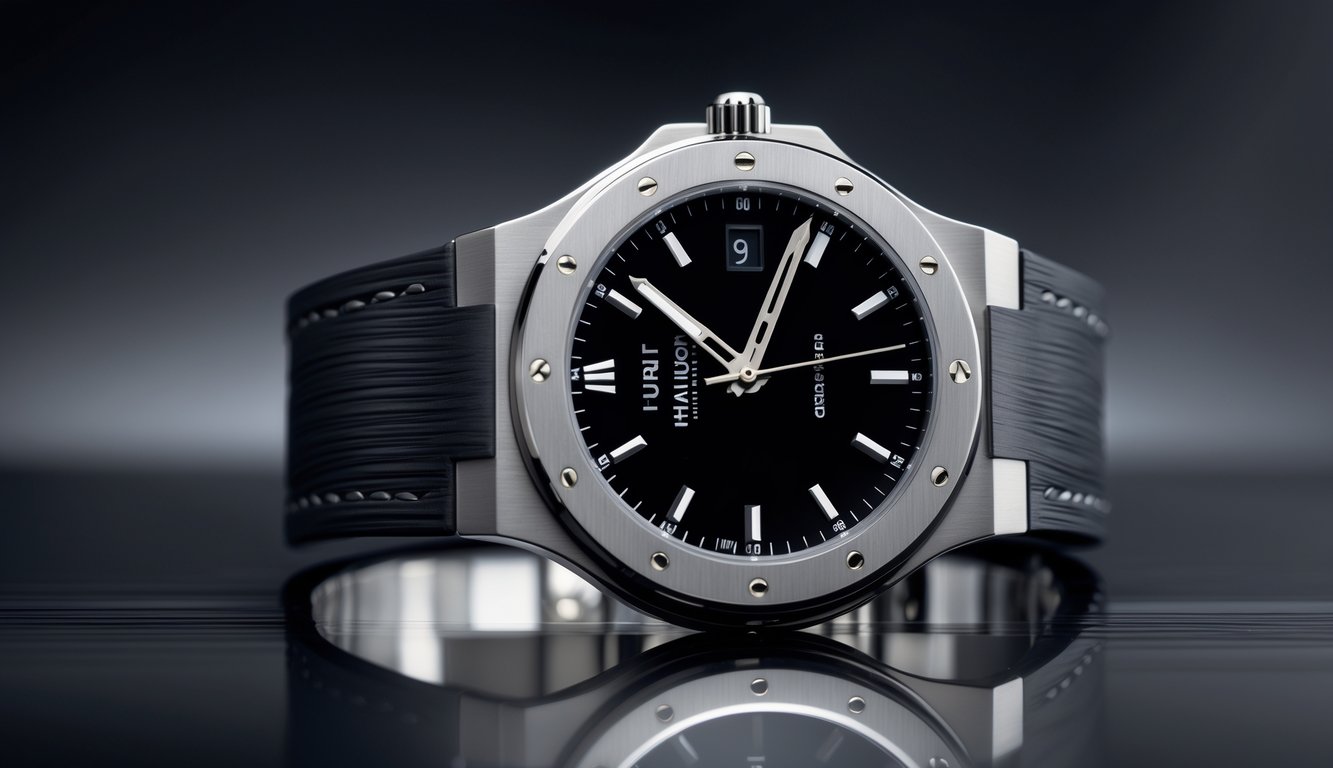 Foto close-up jam tangan mewah Hublot Classic Fusion edisi terbatas dengan latar belakang gelap.