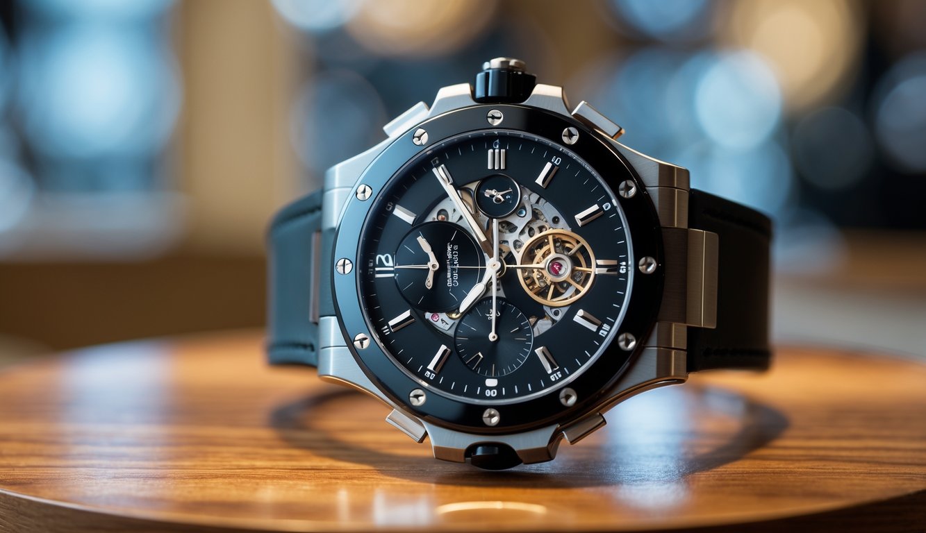 Jam tangan Hublot mewah dengan dial hitam dan aksen perak diletakkan di atas permukaan kayu yang halus.