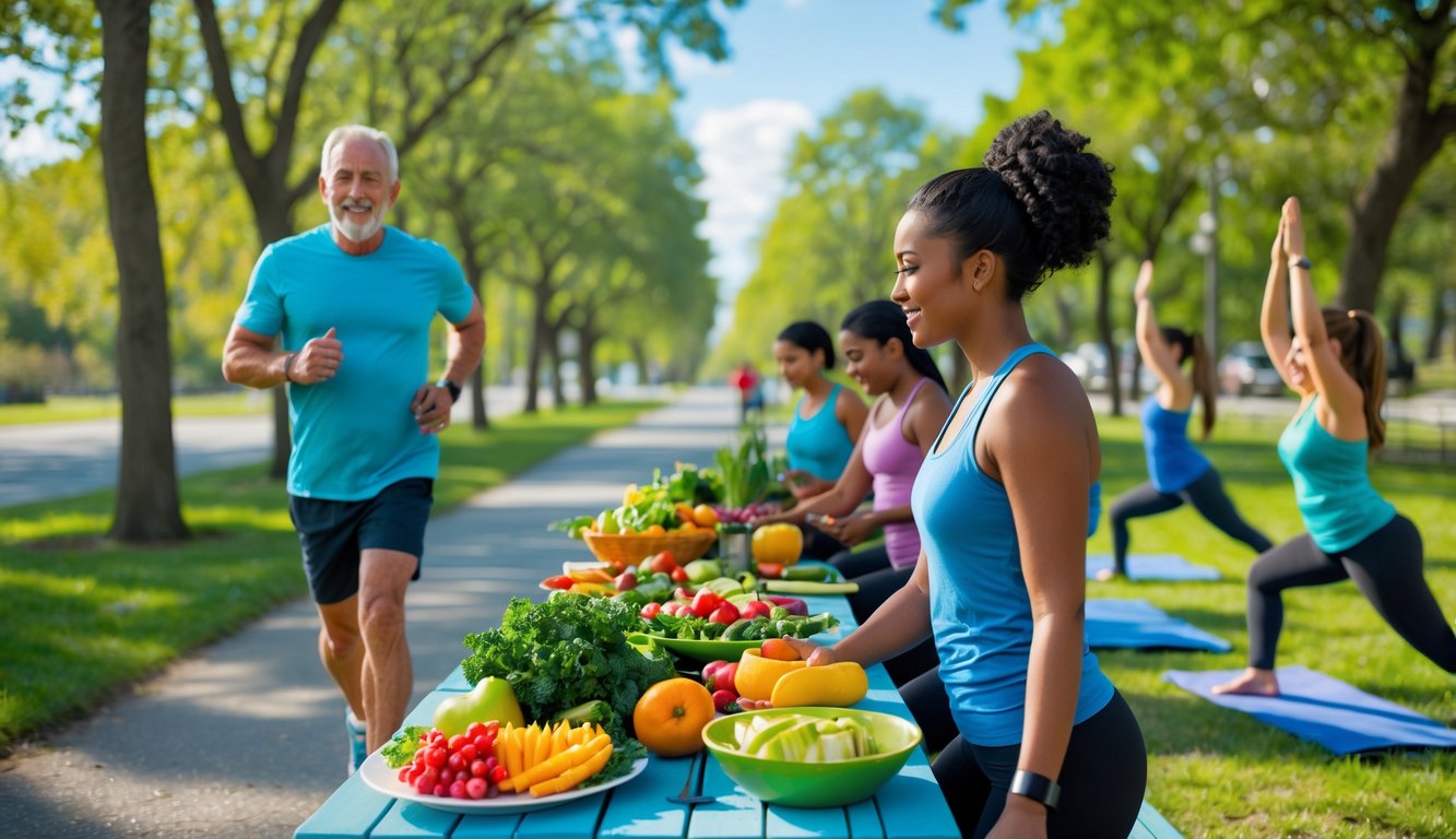 Orang-orang melakukan aktivitas sehat di taman, seperti berlari, menyiapkan makanan sehat, dan yoga.