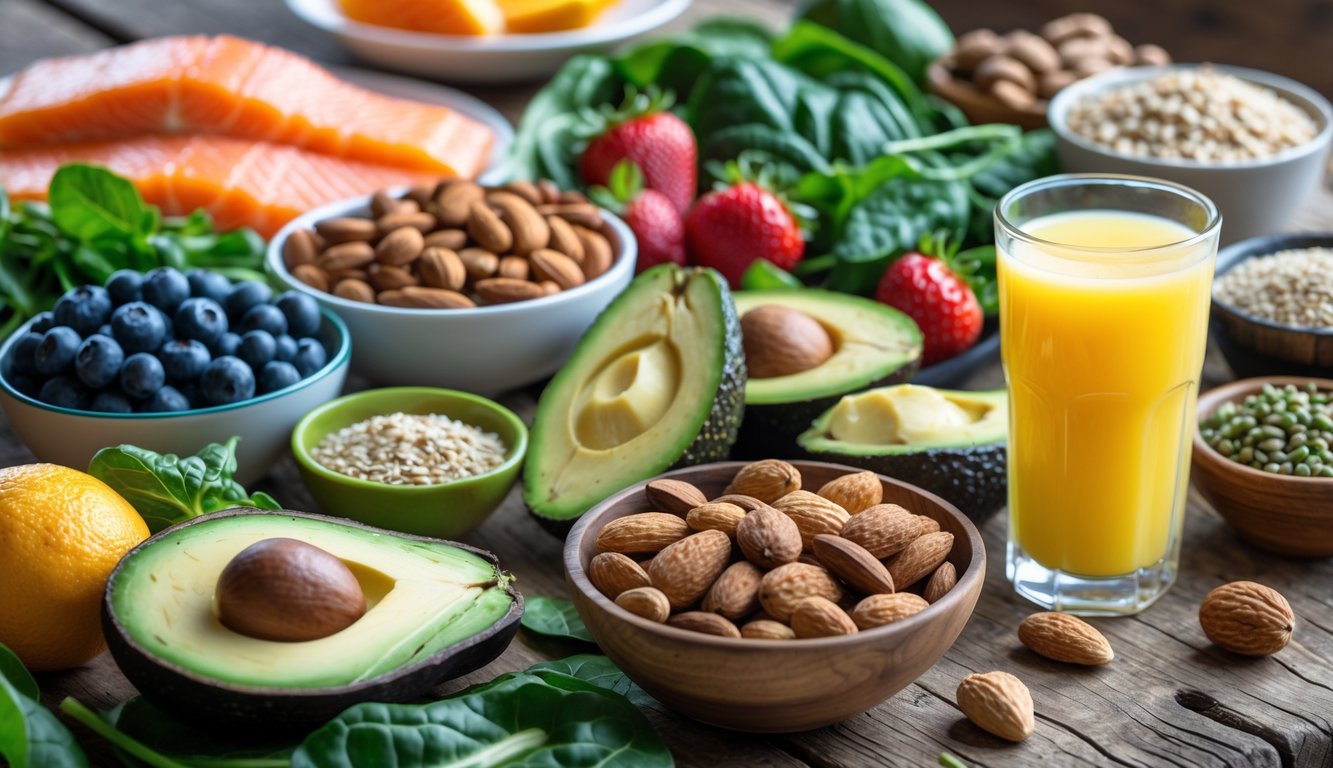 Berbagai makanan sehat untuk jantung seperti salmon, kacang-kacangan, buah beri, alpukat, sayuran hijau, biji-bijian, dan jus jeruk segar yang tersusun rapi di atas meja kayu.